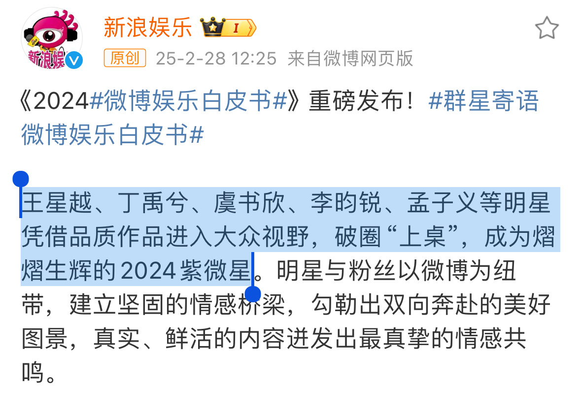 新浪认证2024紫微星：王星越、丁禹兮、虞书欣、李昀锐、孟子义🫡 