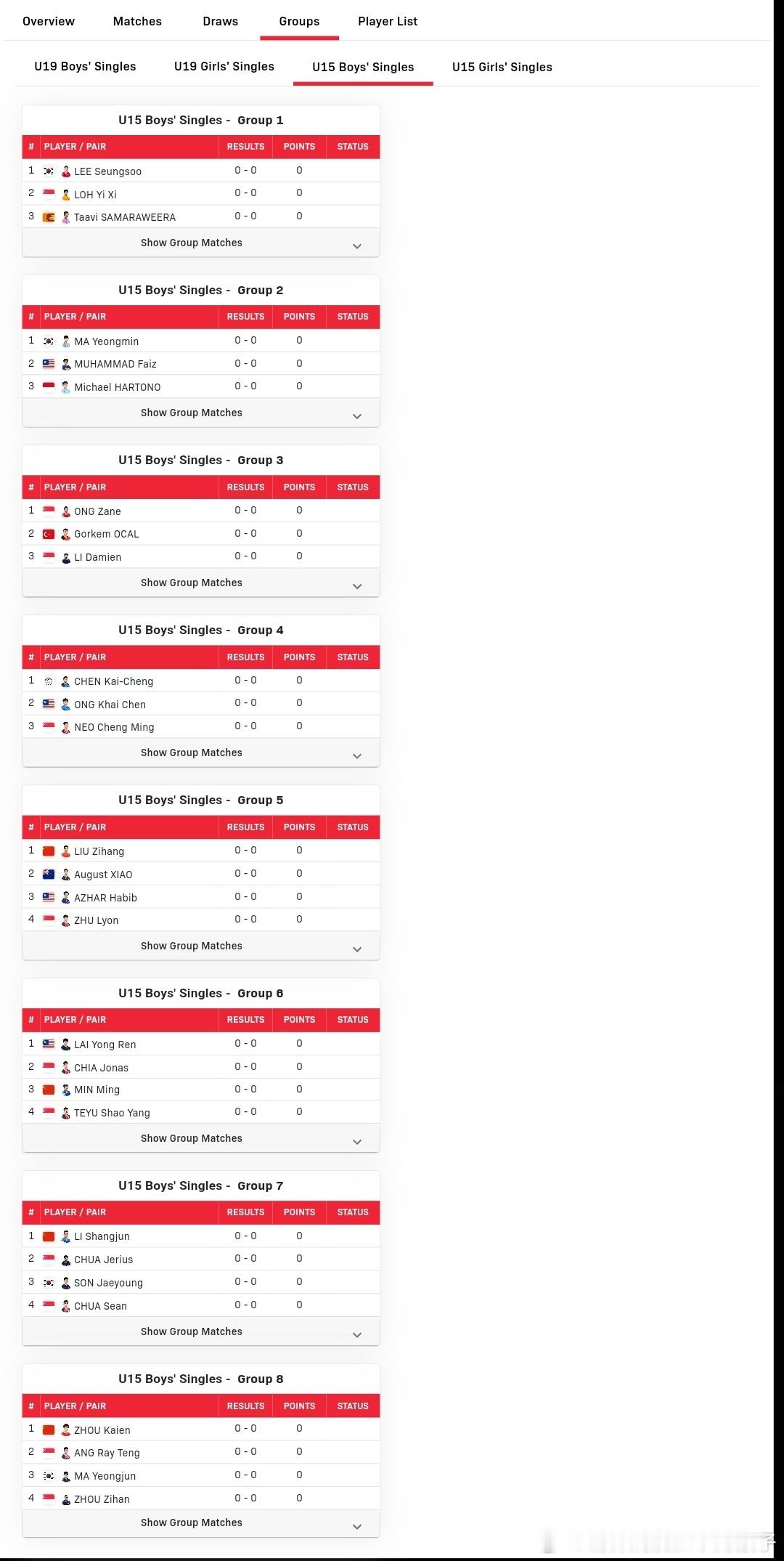 2026WTT新加坡青少年大满贯U15单打分组：【男单】5组：刘子航🇨🇳、肖