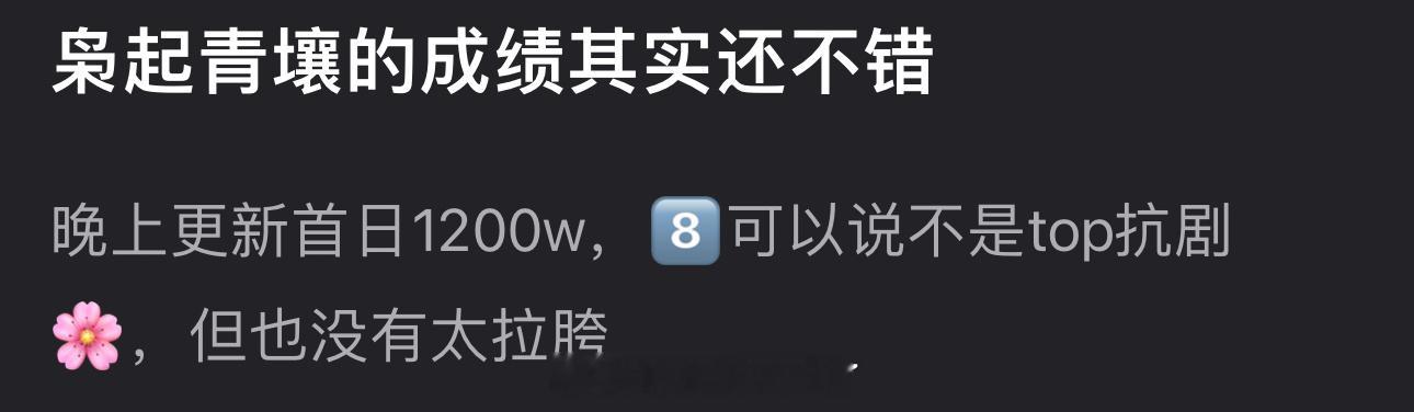 有网友说迪丽热巴的枭起青壤成绩还不错，晚上更新首日1200w，虽然不是top抗剧
