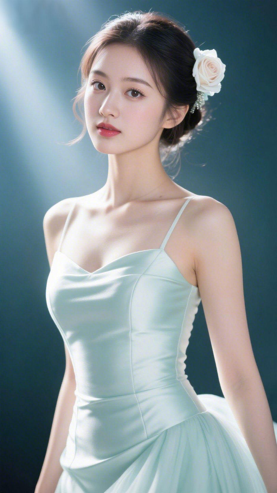 青裙沐光，雅致天成
 
柔缓的光束穿过墨绿背景，落在浅绿吊带裙的面料上，缎面的光