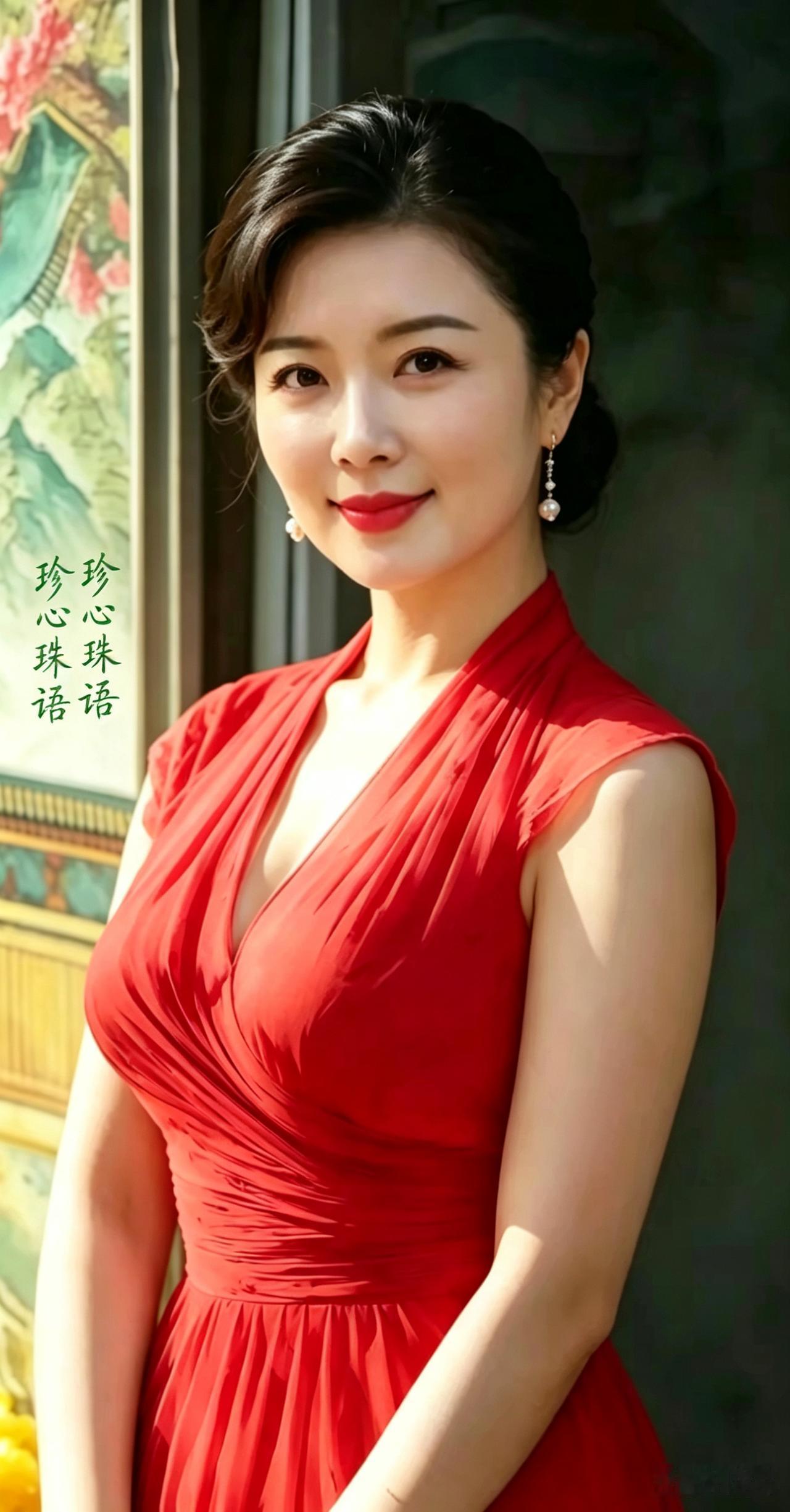 红韵芳姿
 
一袭红裙映暖阳，
云梳秀发韵飞扬。
珍珠耳坠添清雅，
浅笑嫣然自带