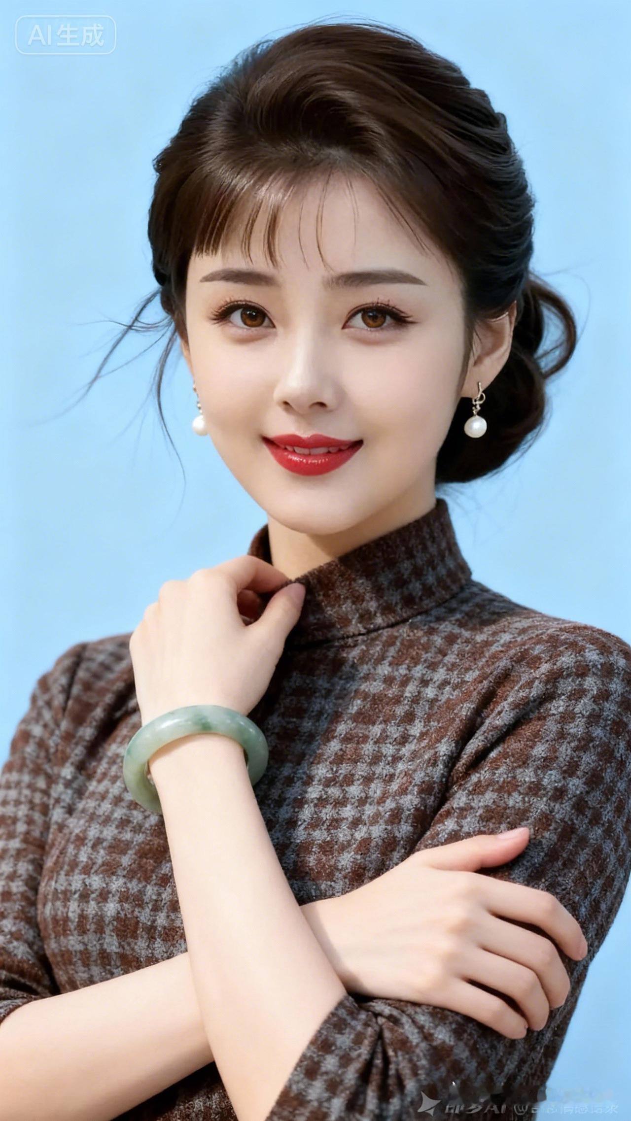 优雅气质，复古风穿搭，珍珠耳环与翡翠手镯的完美搭配！