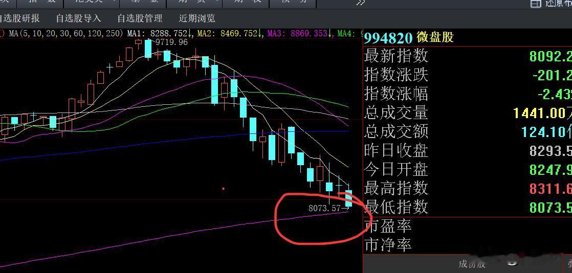 微盘股指数跌到年线了～～～阴跌起来没完没了。（你觉得能守住年线吗？）