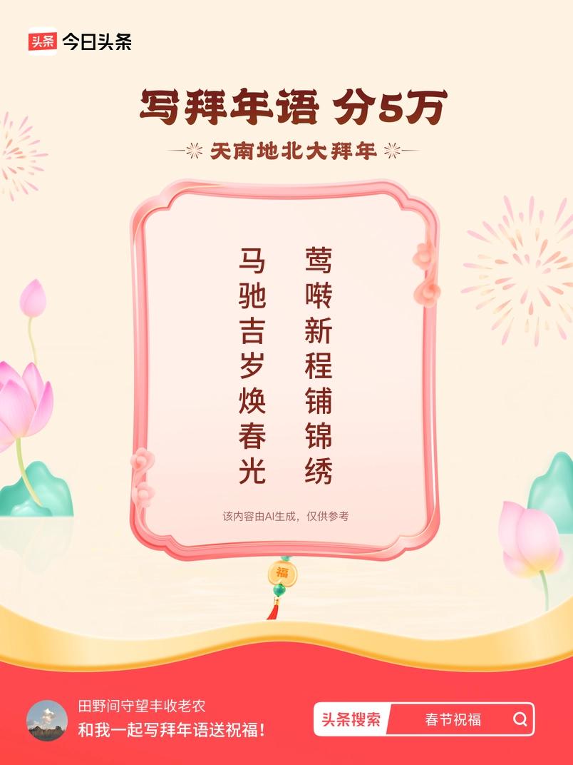 写拜年语送祝福新春拜年送祝福！我的祝福是：“马驰吉岁焕春光，莺啭新程铺锦绣”！快