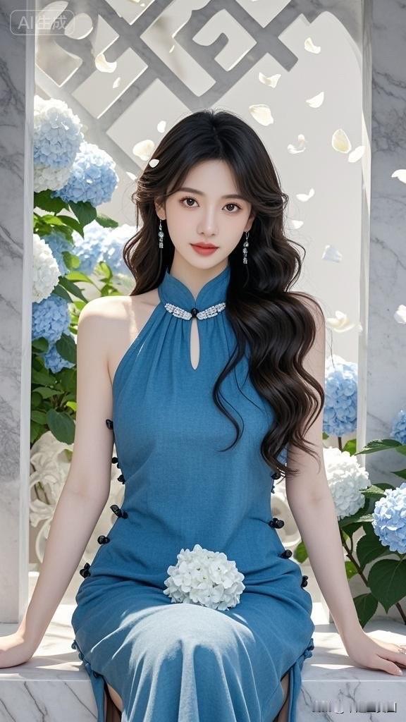 梦幻蓝裙少女，花海中的优雅时光