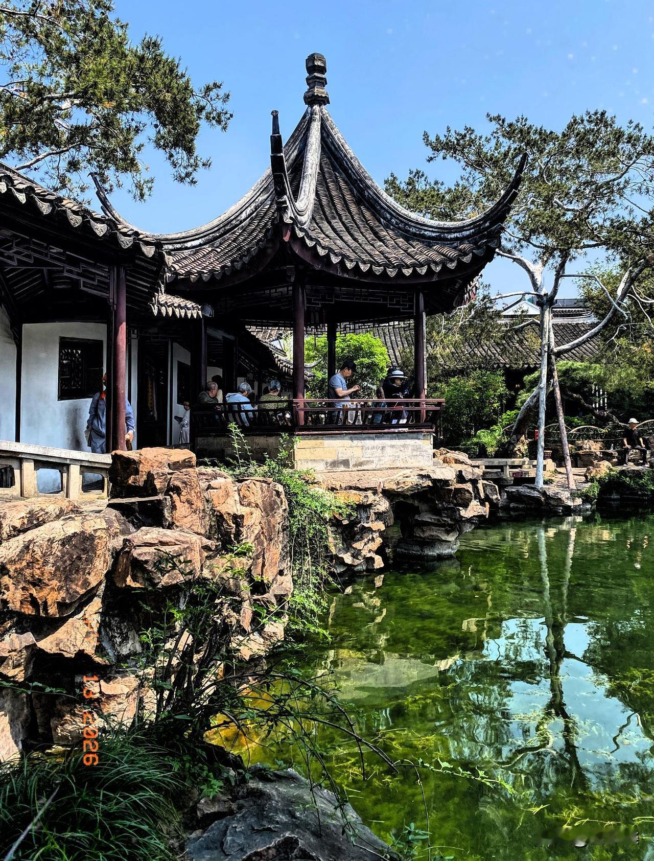 坐看网师园中池，碧水蓝天水草清，
微风轻拂皱波兴，锦鲤穿梭影自盈，
亭榭静立添雅