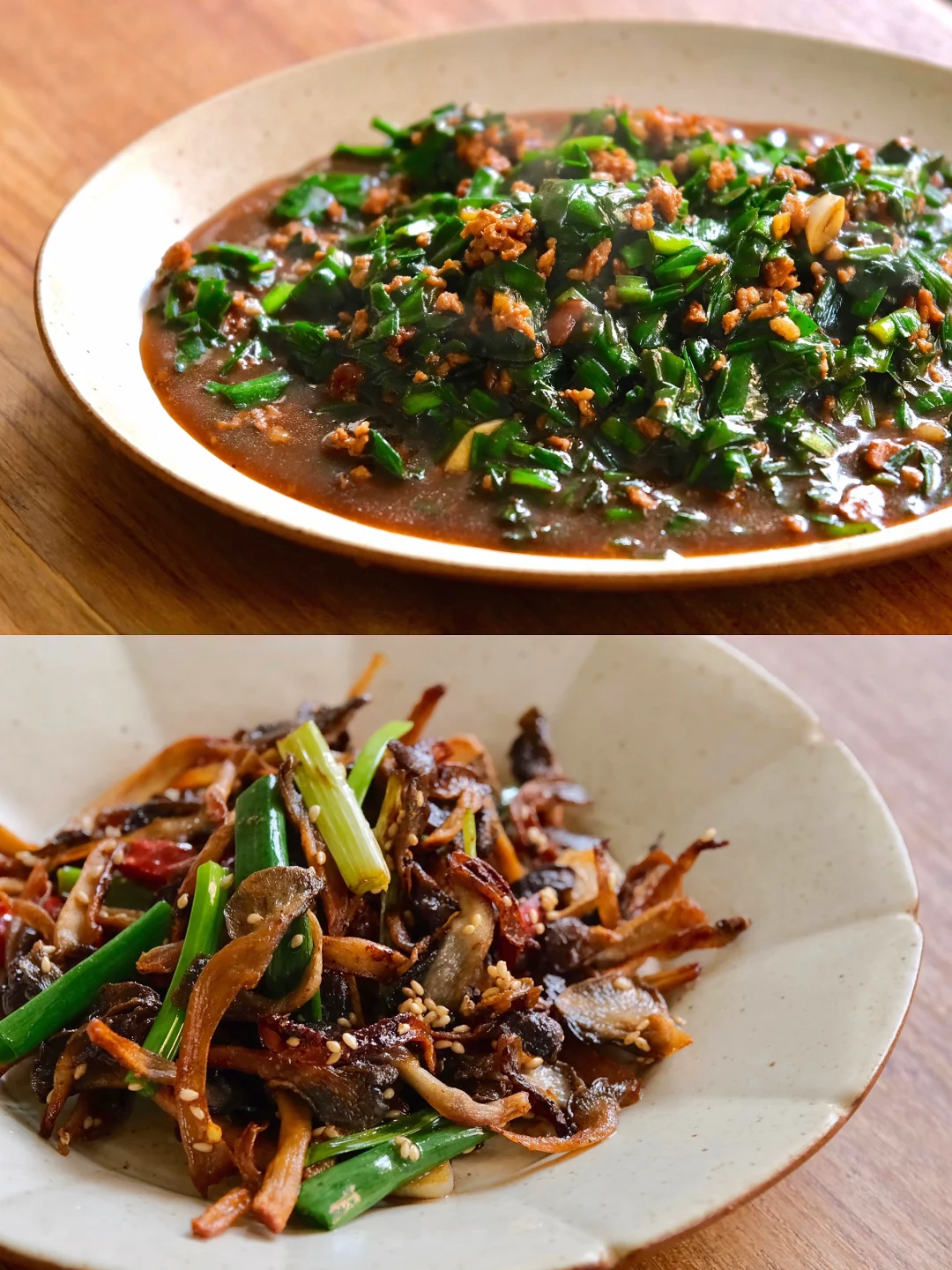 325天｜干煸平菇+肉末韭菜，配上蛋炒饭，绝！