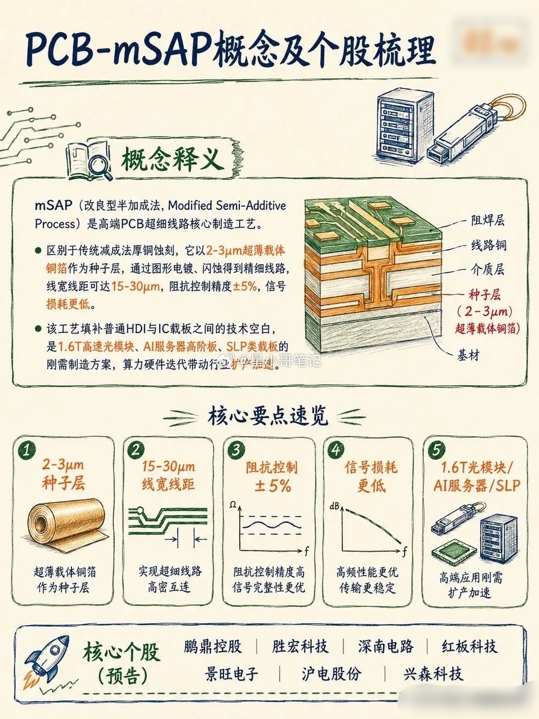 🔥PCB—mSAP 高端工艺彻底讲透！1.6T光模块+AI服务器刚需！核心个股