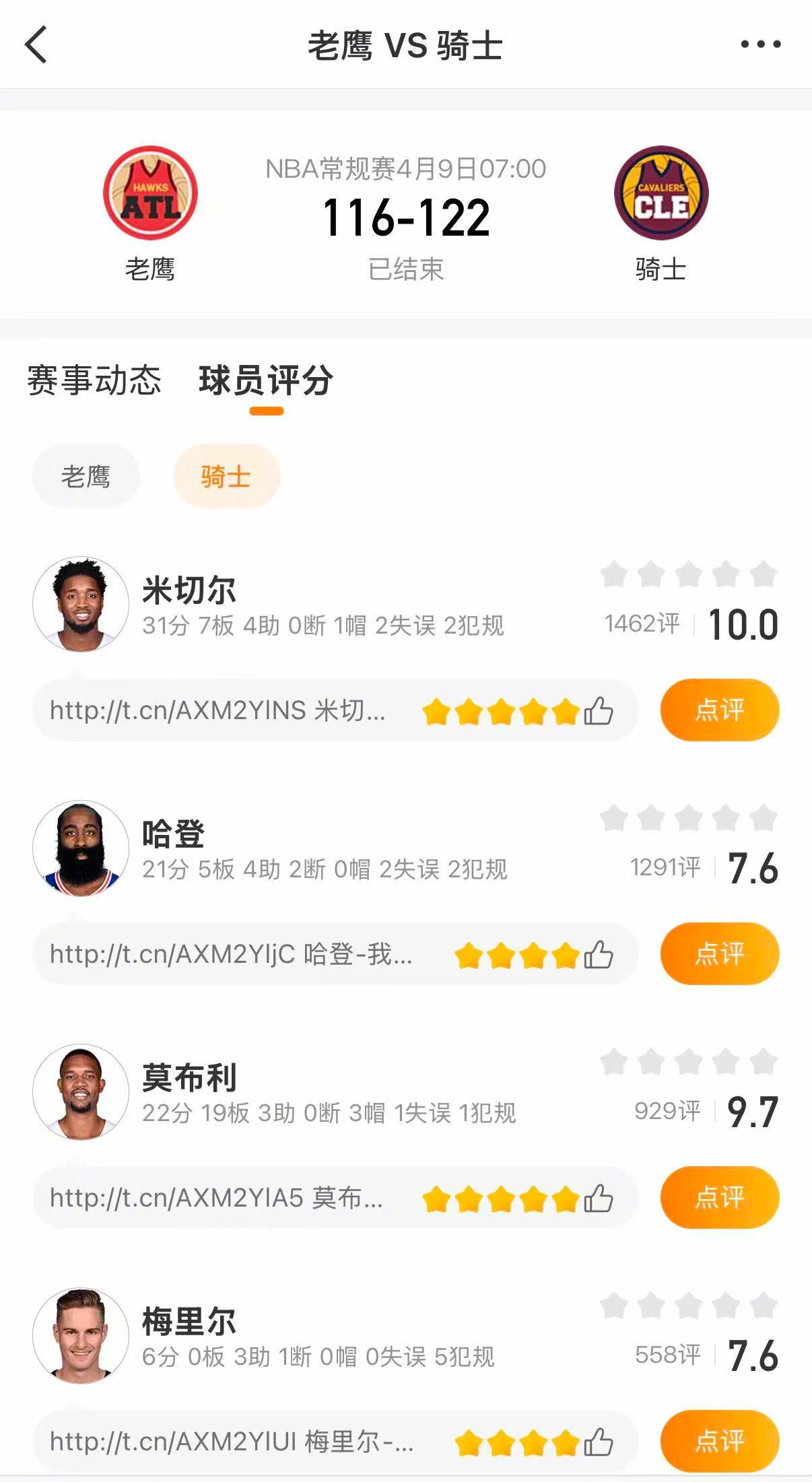 骑士逆转老鹰 骑士122-116战胜老鹰。米切尔31分，莫布利22分19篮板，哈