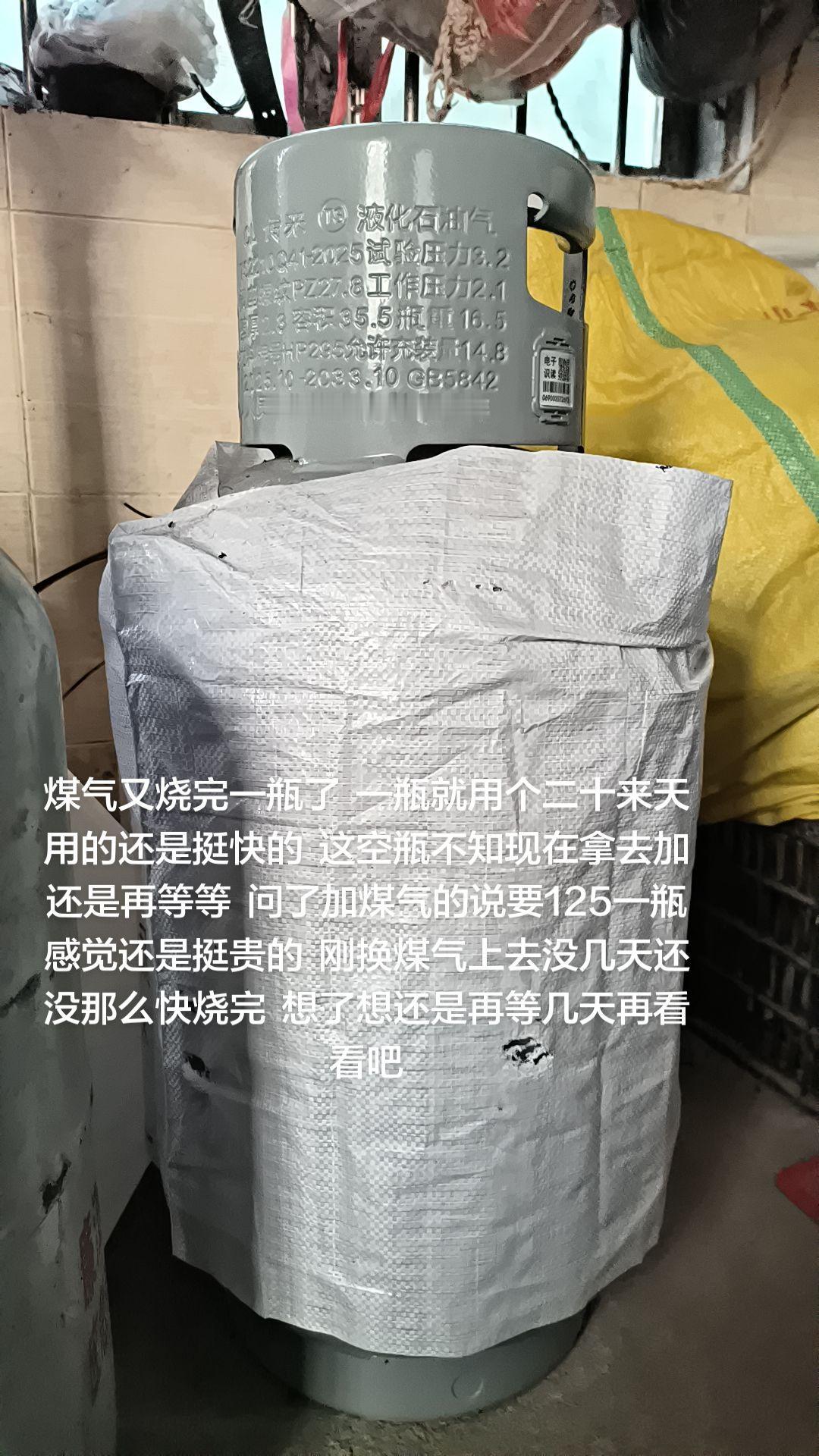 煤气又烧完一瓶了
一瓶就用个二十来天用的还是挺快的
这空瓶不知现在拿去加还是再等