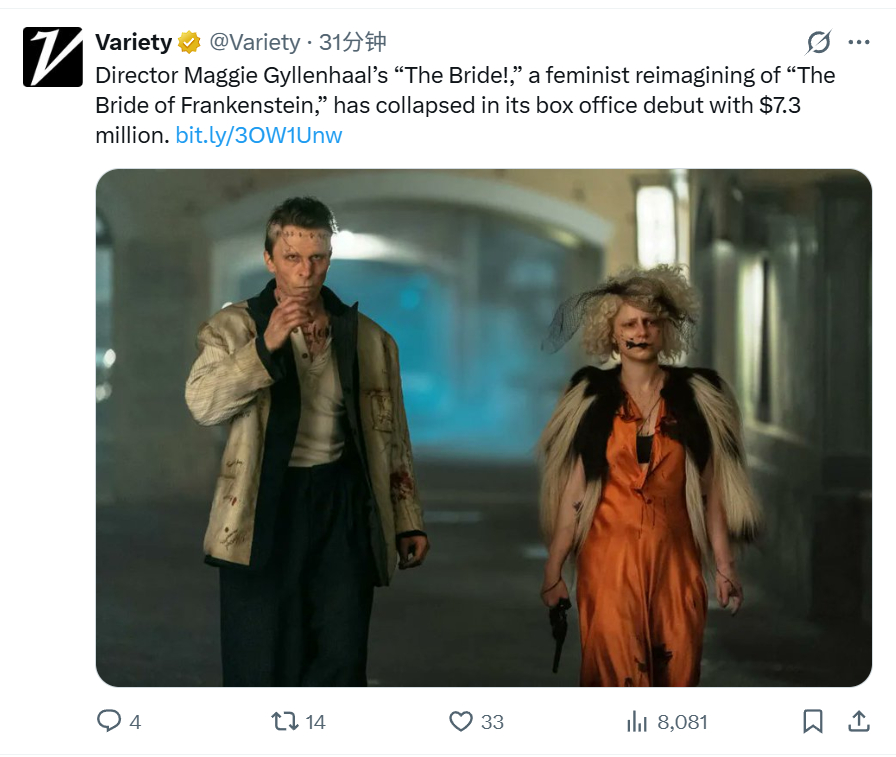 TNABO 《新娘》票房开局不利，北美首周末三日仅收730万美元，未能达到映前较