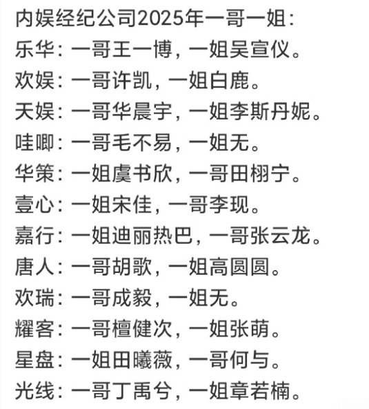 内娱经纪公司一哥一姐 网友盘点了2025年内娱各经纪公司的一哥一姐，真是江山代有