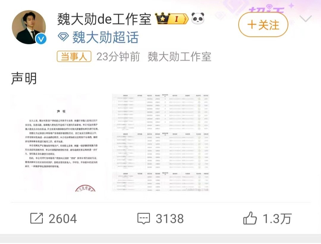 魏大勋工作室发布告黑声明 相信经过魏大勋工作室发布告黑声明之后，那些黑子们能够有