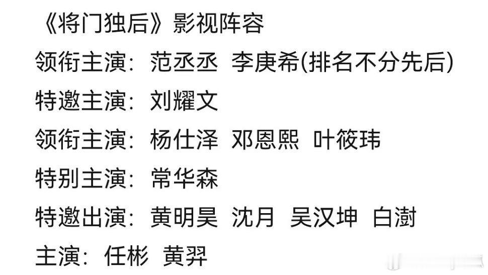 网传《将门毒后》演员阵容曝光。 