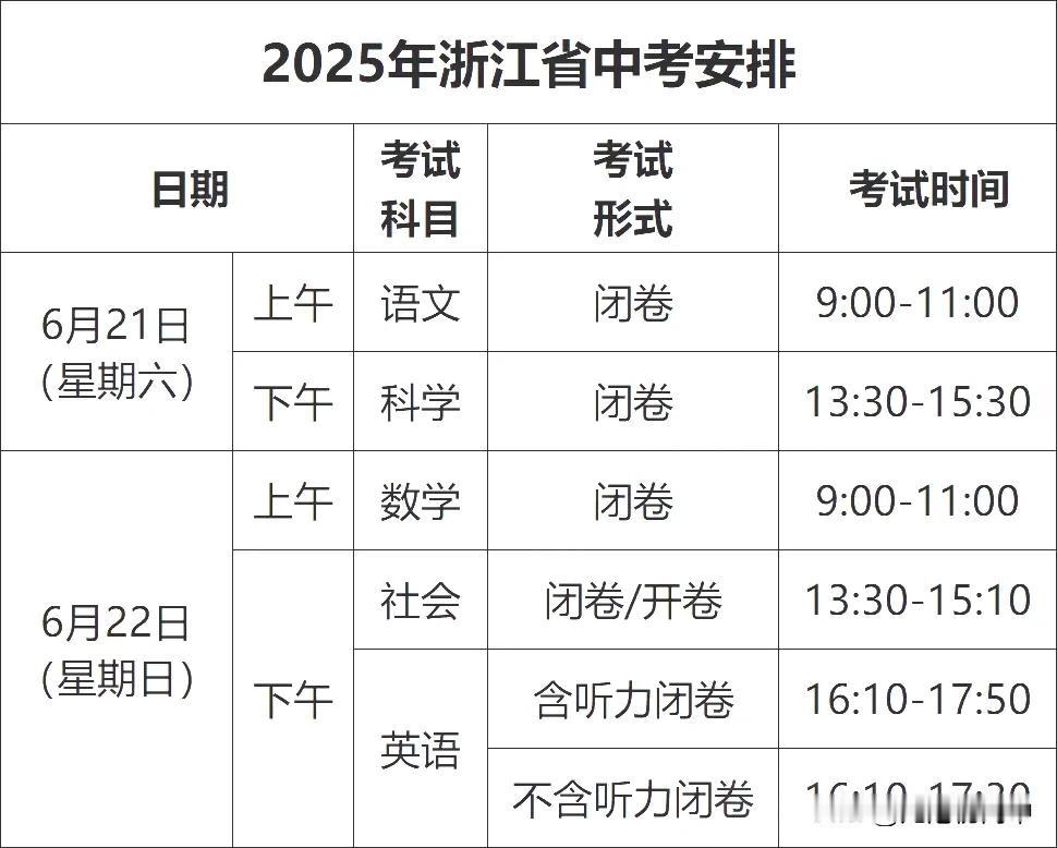 2025浙江中考时间安排