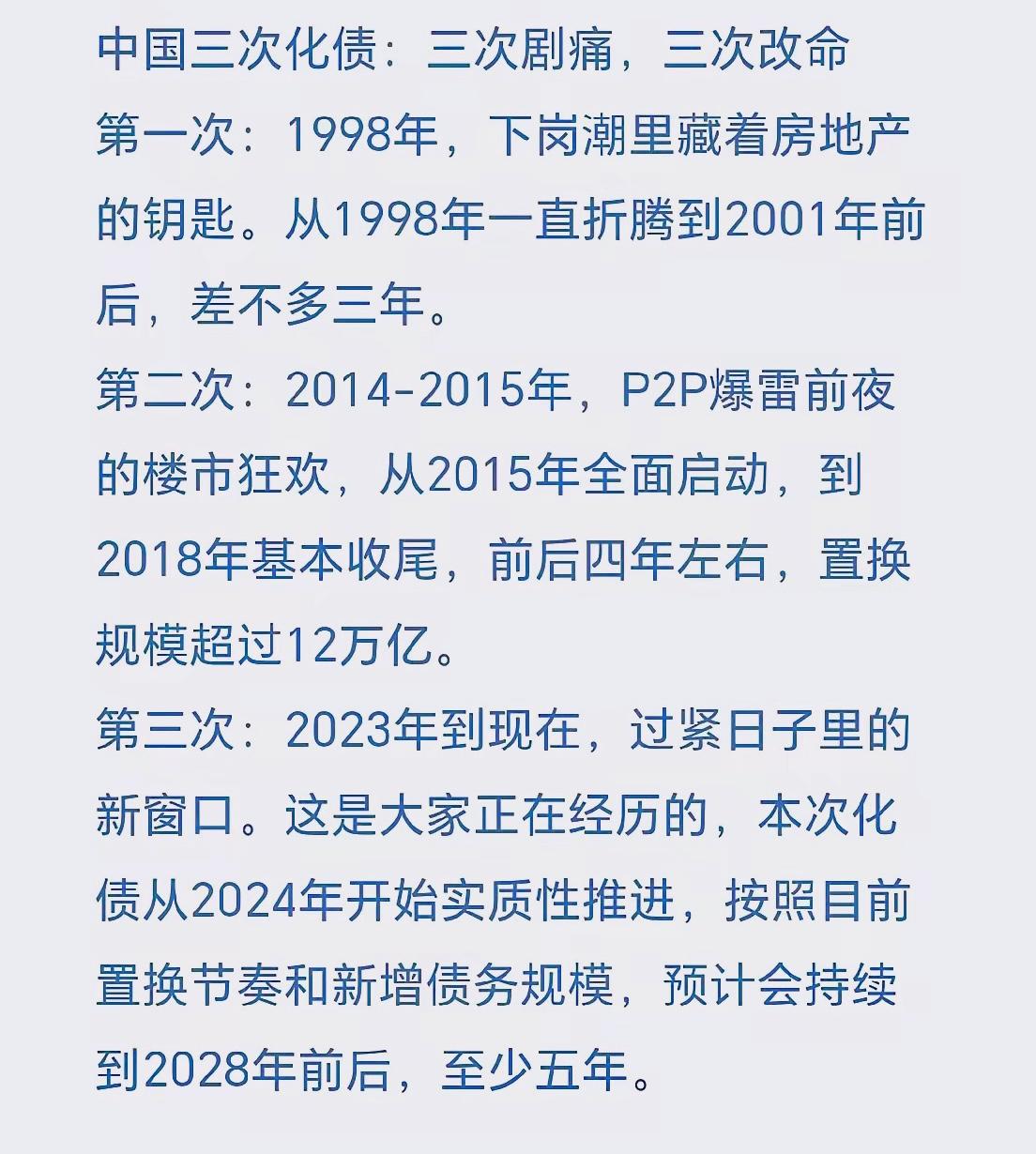 我国三次化债，三次剧痛，但是每次之后都迎来资产爆发期。
第一次，1998开始到2