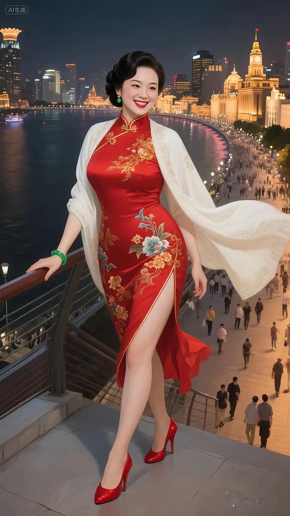 清江引·旗袍韵
霞帔红绸添绮梦，
月纱香肌拥。
腕间翠水凝，
鬓畔乌云动。
外滩