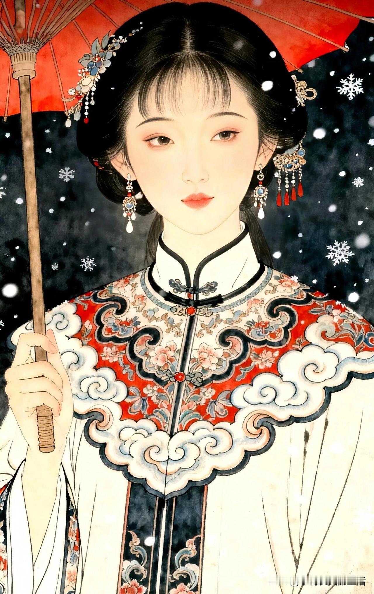 雪中红伞下，美人如画来。