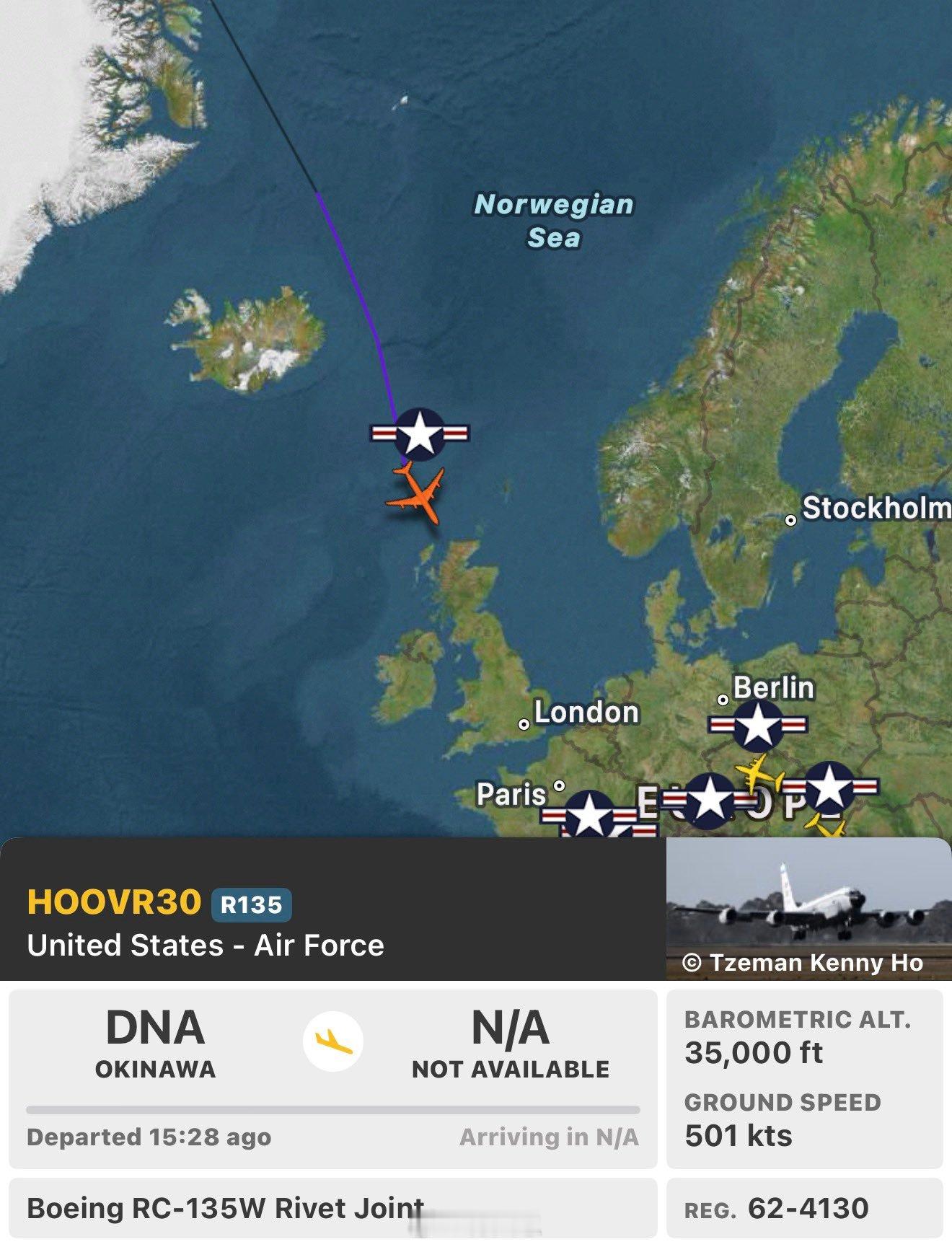 最新消息：不同寻常：一架 RC-135“铆钉接头”侦察机正从嘉手纳空军基地飞往英