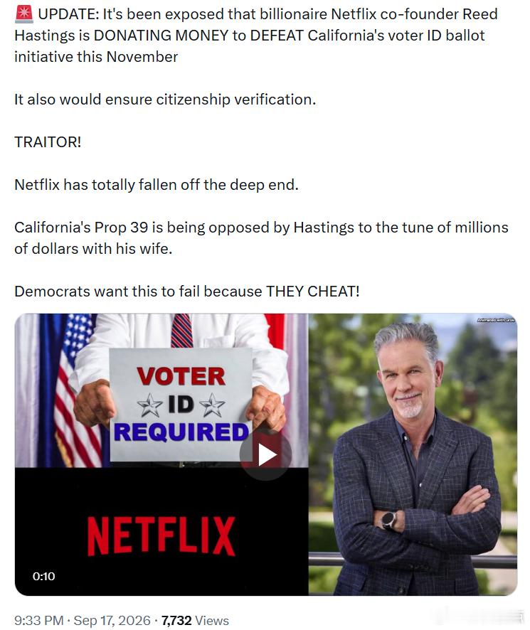 亿万富翁、Netflix联合创始人里德·哈斯廷斯正在砸钱，试图阻止加州今年11月