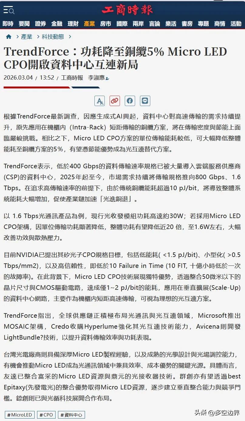 MicroLED光传输：AI算力互联革命，终结光铜取舍困境，全产业链迎爆发
 