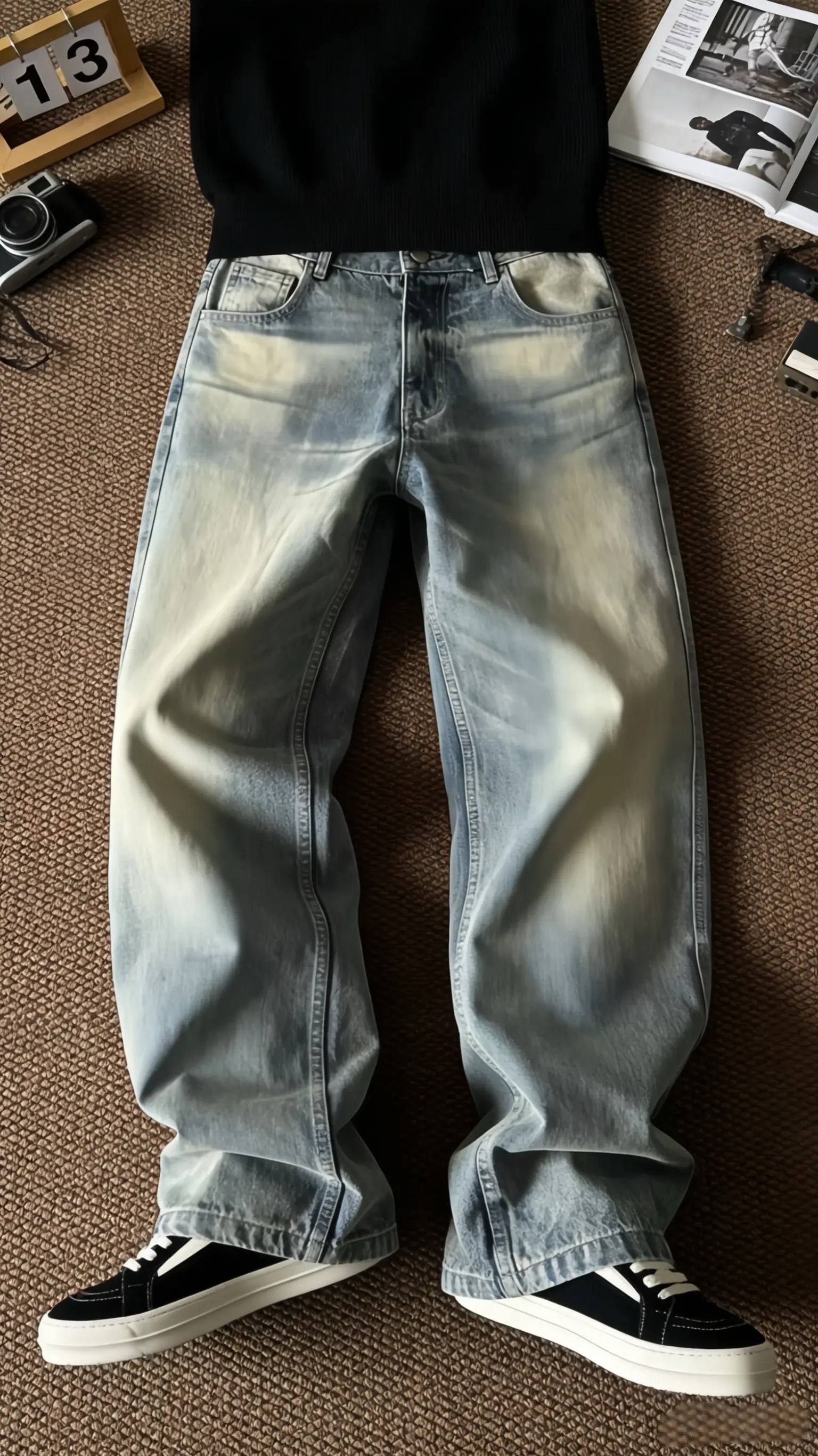 谁能拒绝这款''TZG''「内华达水洗」猫须水洗蜂窝做旧直筒泥染牛仔裤