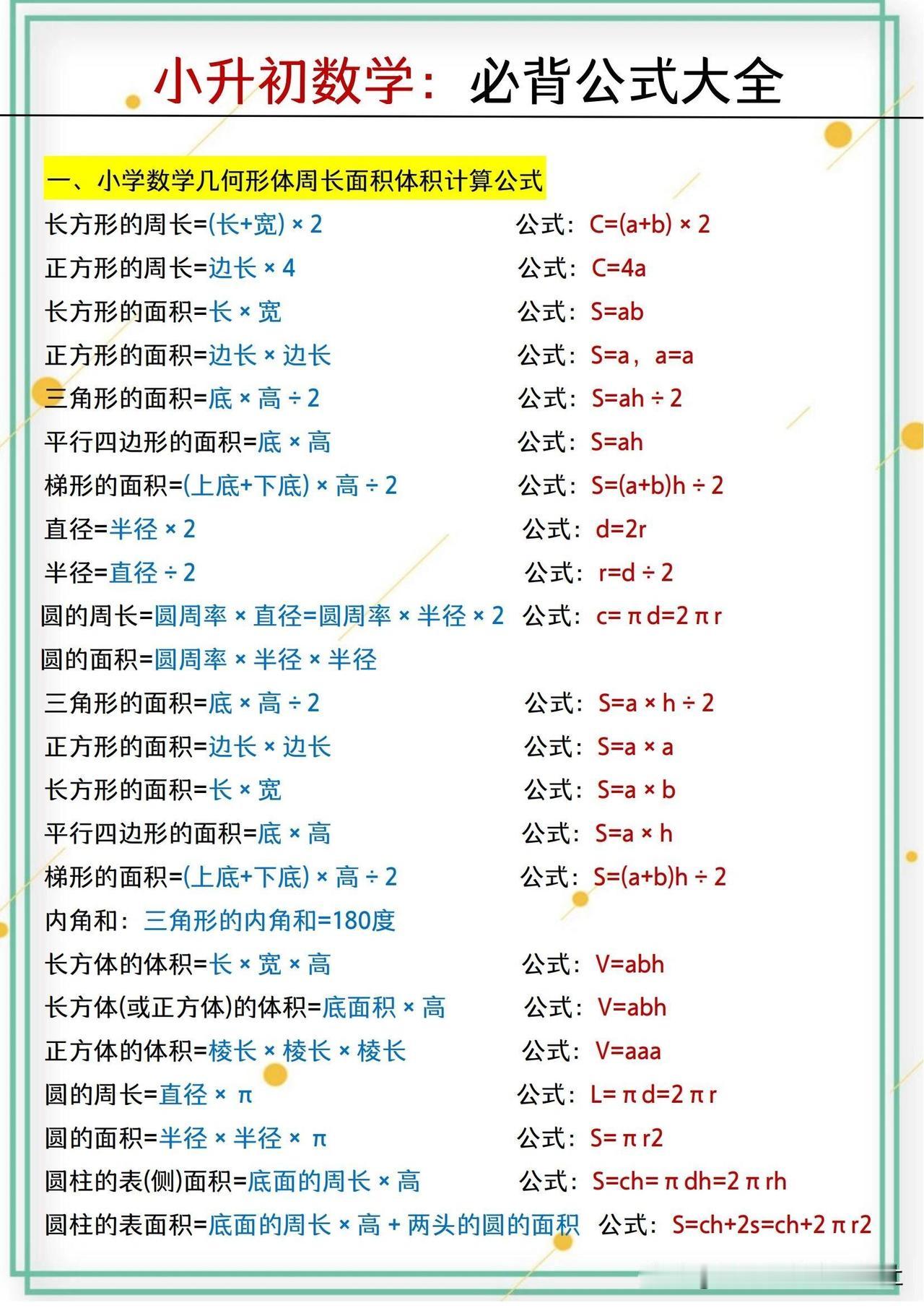 【🔥小升初数学必背公式大全，必考！！】
小学升初中的开学分班考试一定要重视起来