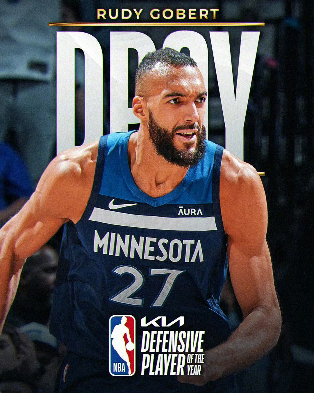 鲁迪·戈贝尔第四次被评为 NBA 年度最佳防守球员，创下纪录。这位身高 7 尺 