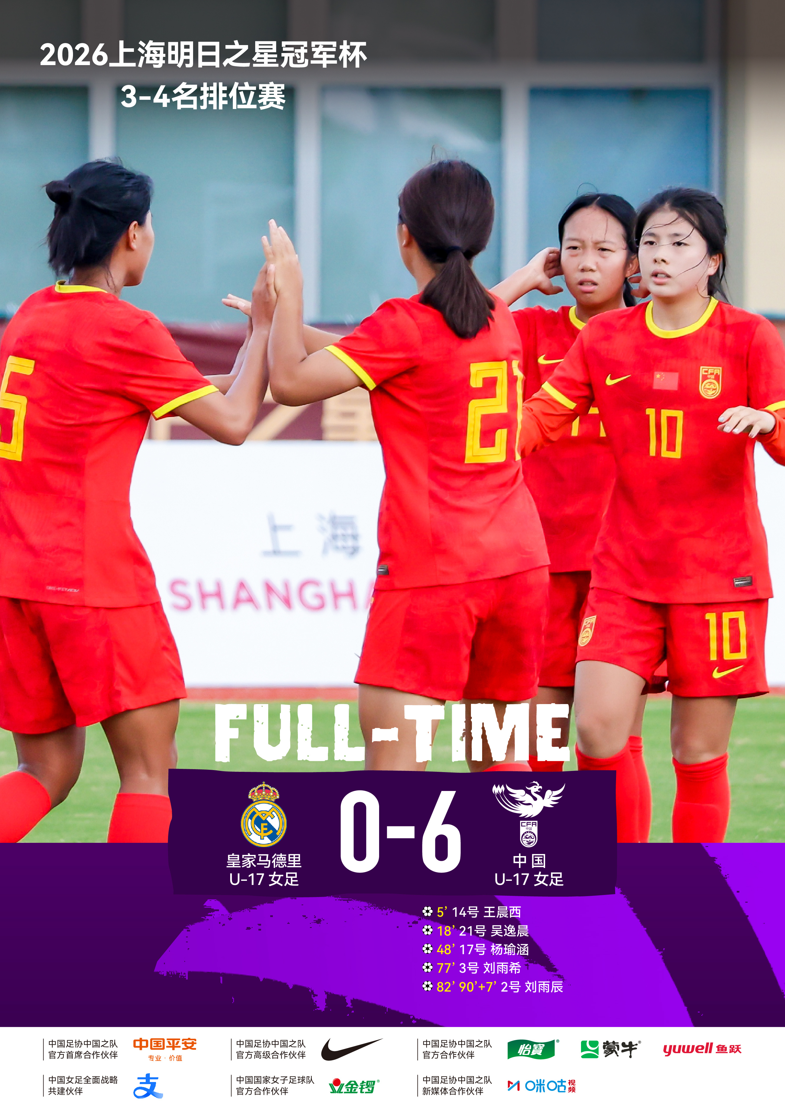 2026上海明日之星冠军杯3-4名排位赛，中国U-17女足6比0战胜皇家马德里U