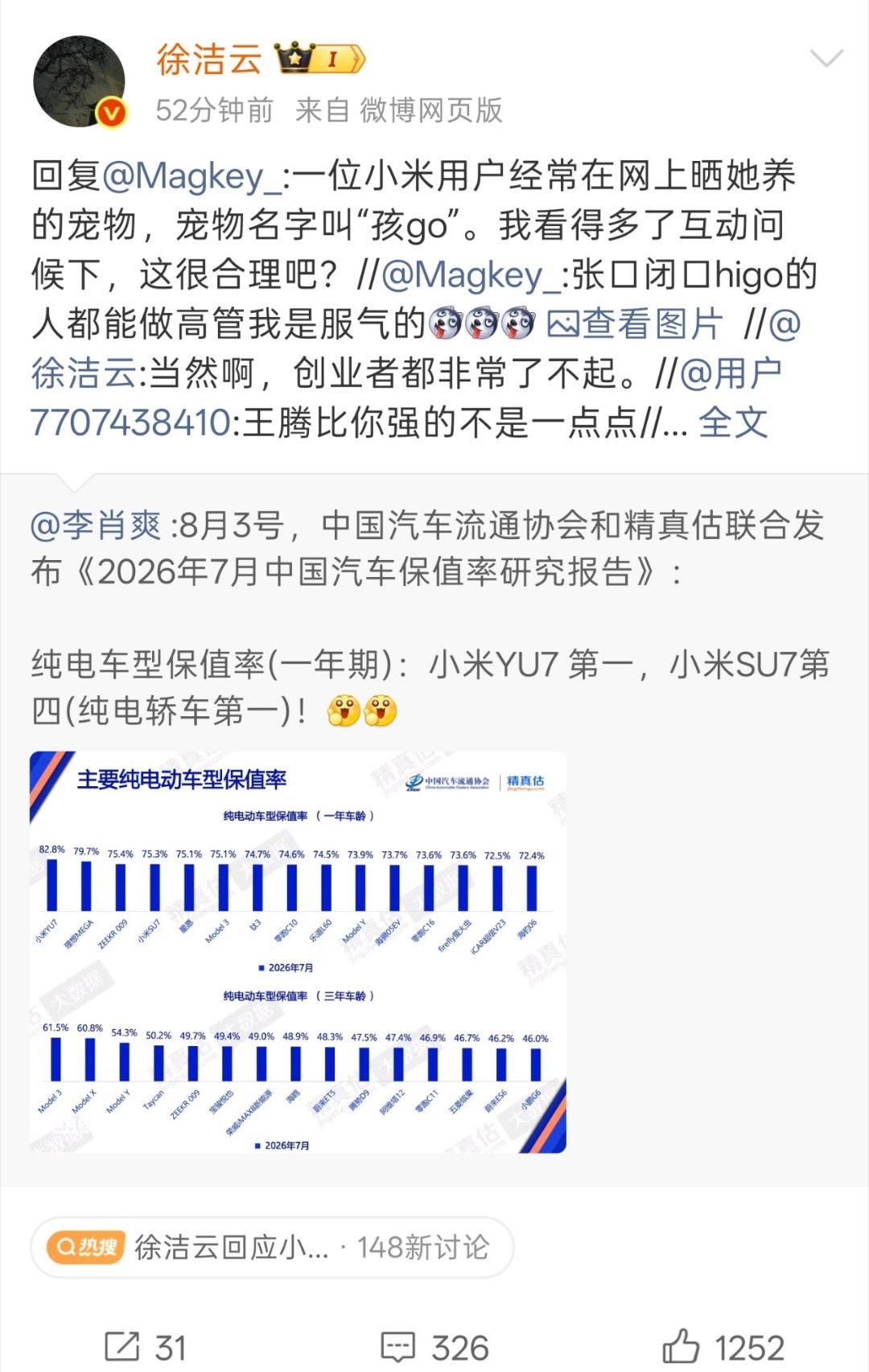小米徐洁云回应孩go言论挺好的～真的就是来提纯粉丝了但是我米最近天天给华为送流量