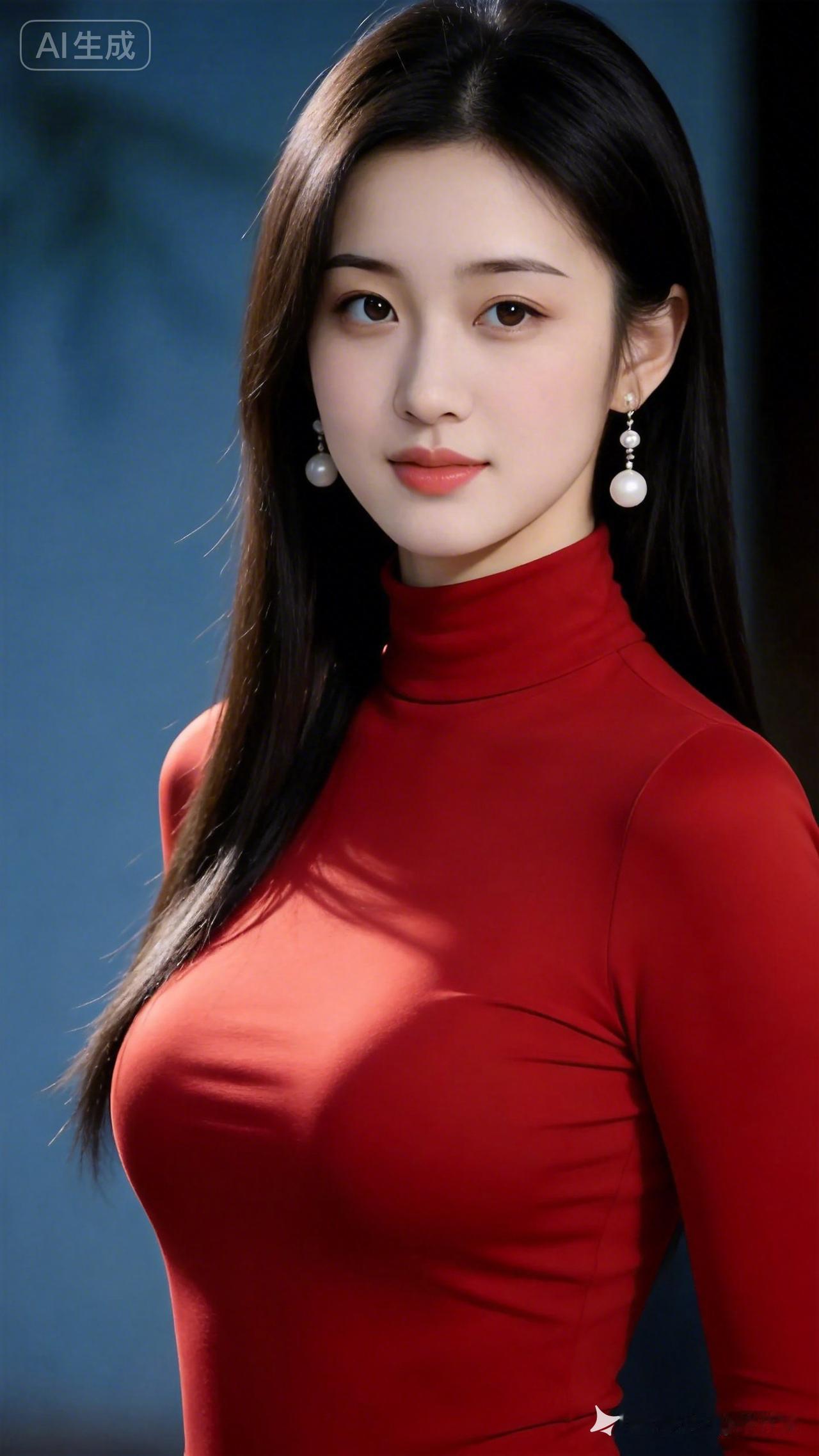 优雅红衣少女，气质动人，珍珠耳环点缀，尽显时尚魅力！