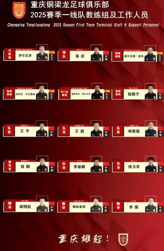 2025赛季重庆铜梁龙教练组及工作人员揭晓！
纸面实力来说，今年还是有点意思。