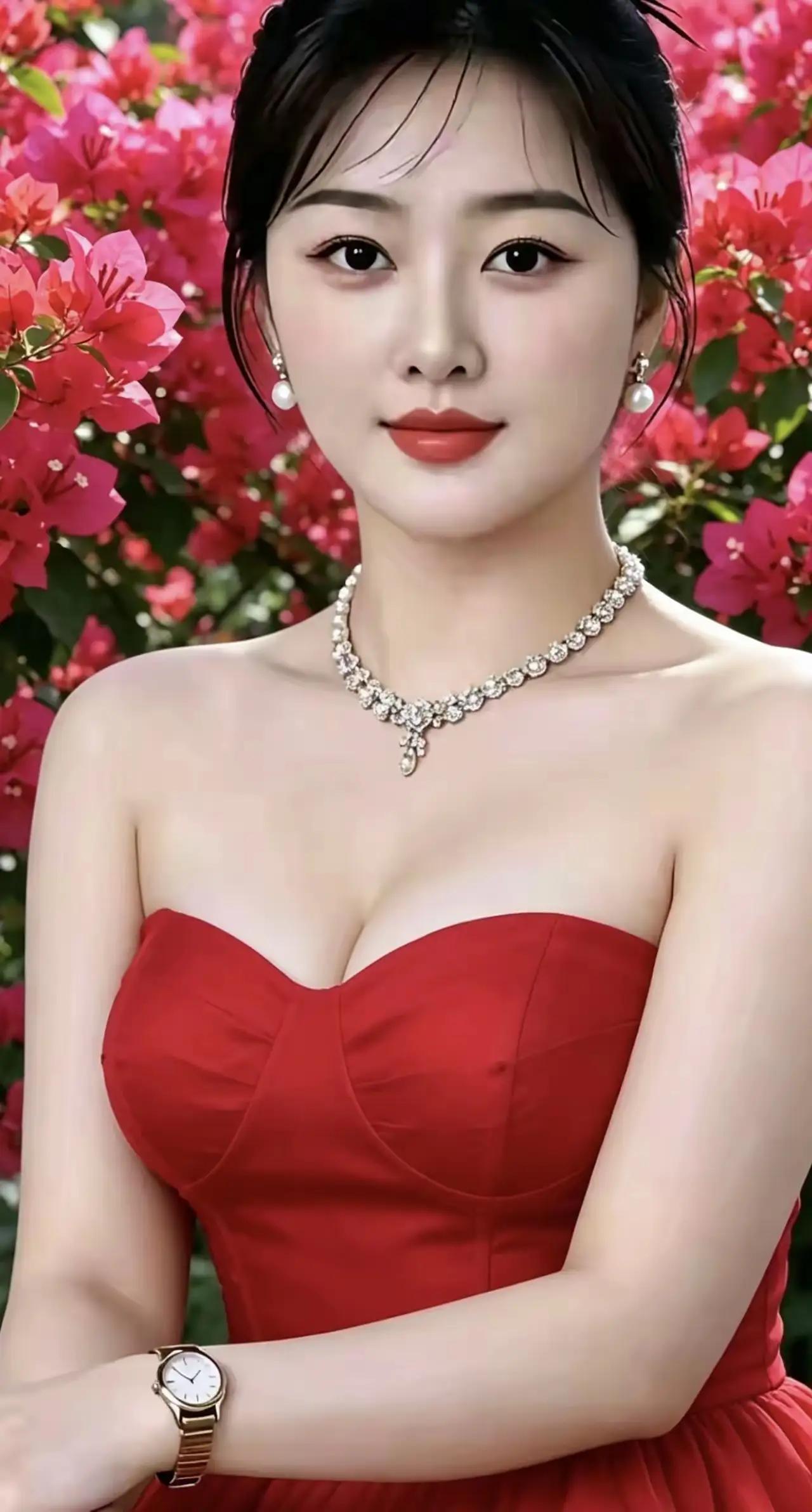 花季少女，美丽娇艳。
花丛一站，花儿低头羞红脸。