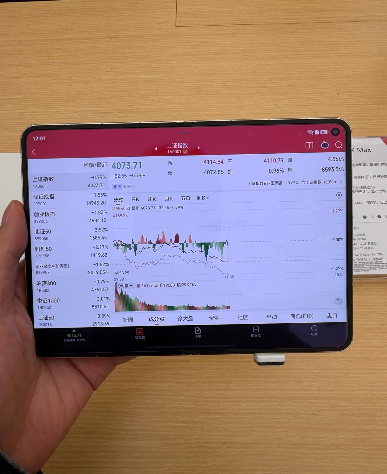 华为阔折叠看盘

展开状态看盘，横向宽度媲美三折叠，折叠状态有点宽，单手握有点不