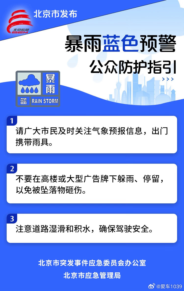 【北京发布暴雨蓝警！北京5区小时降雨量超50毫米 】北京2日9时发布暴雨蓝色预警