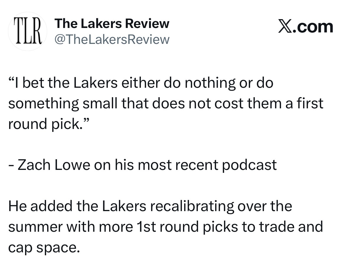 Zach Lowe：“我敢打赌，湖人要么在交易截止日前毫无动作，要么只做一些不涉