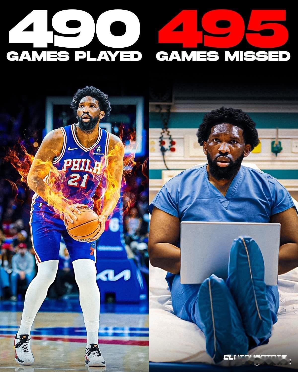 恩比德职业生涯缺席的比赛比他参加的还要多，[捂脸]

随着恩比德缺席附加赛比赛，