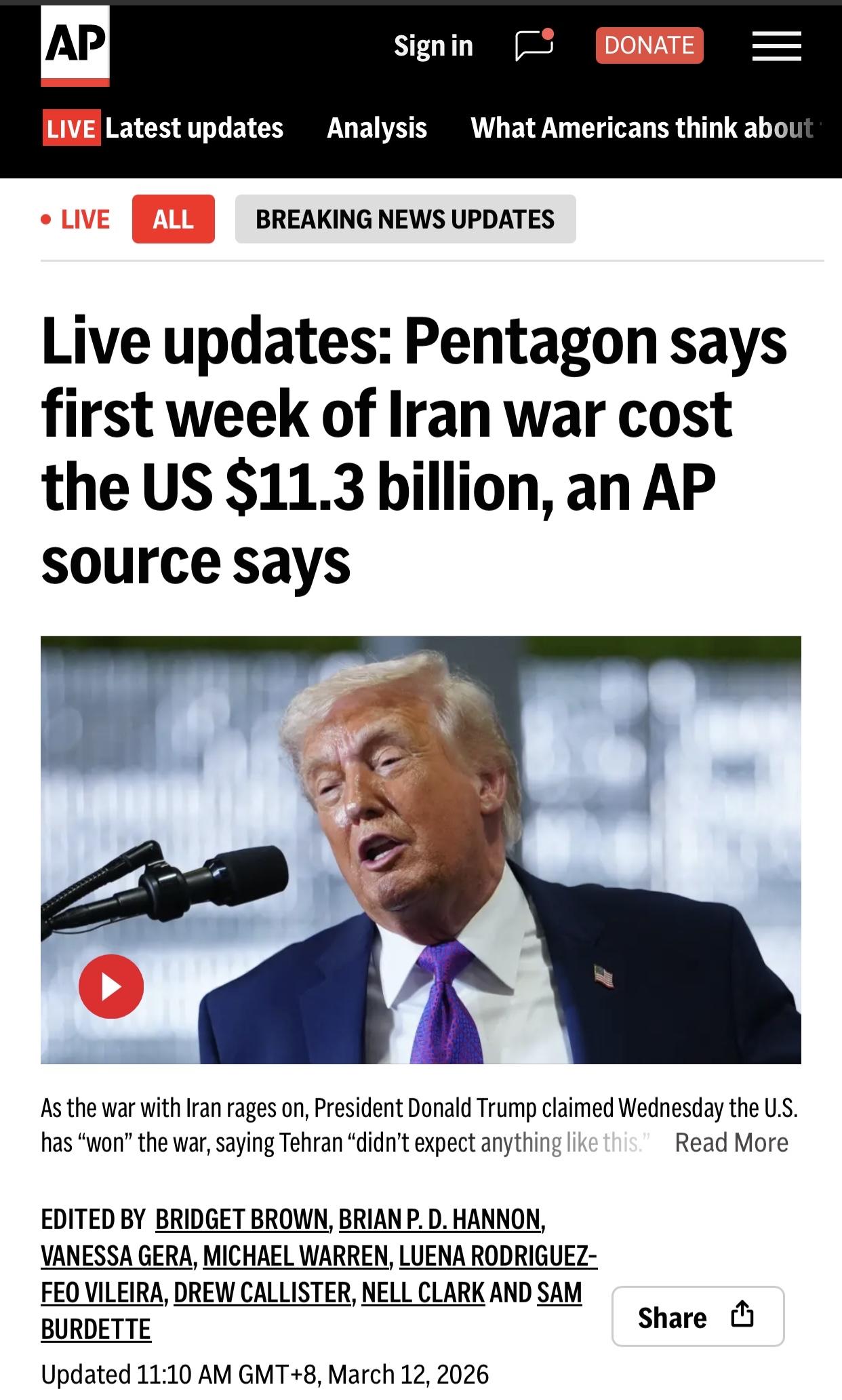 美联社：战争首个星期美国耗费了113亿美元

美联社3月12日电:据一位知情人士