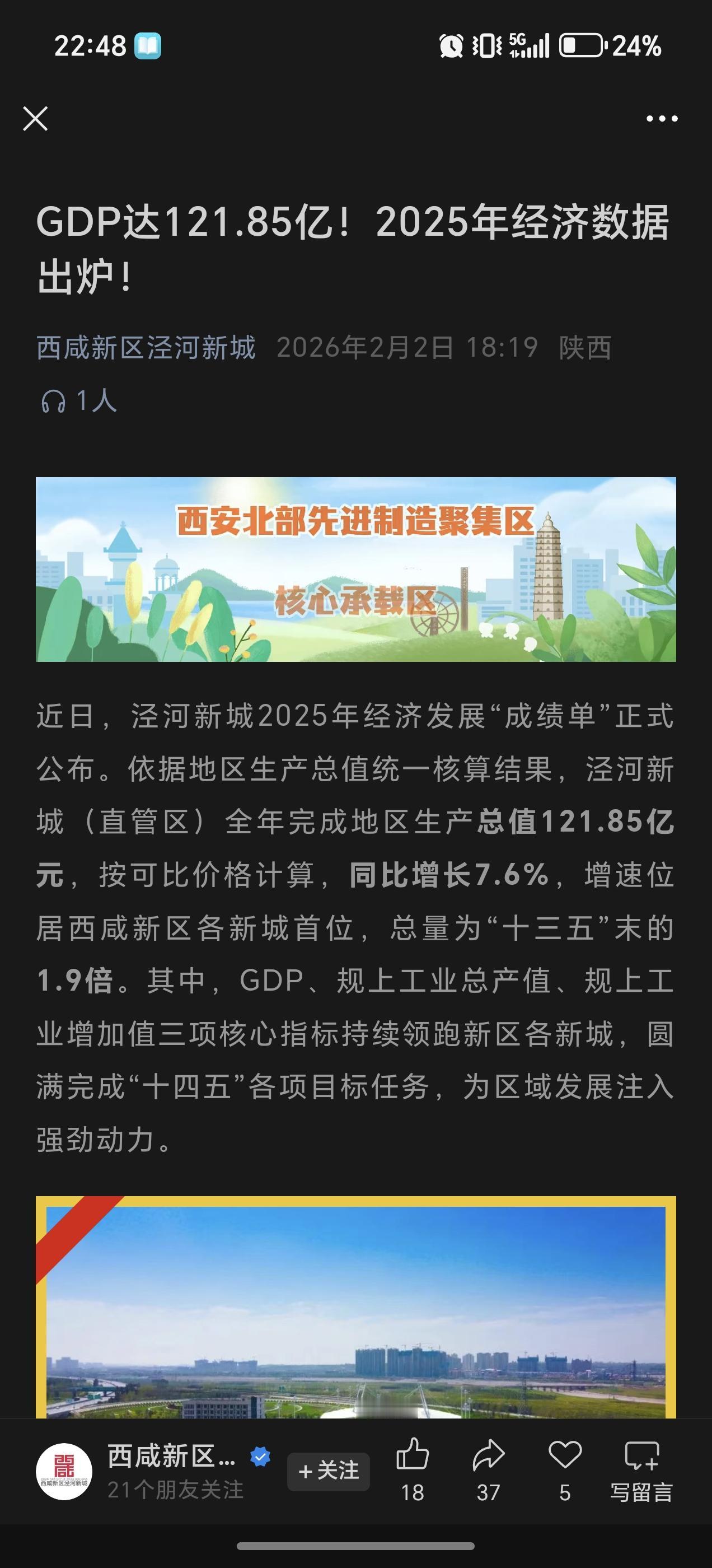 作为西咸新区重要新城之一，泾河新城昨天发布了2025年经济成绩单，直管区完成地区