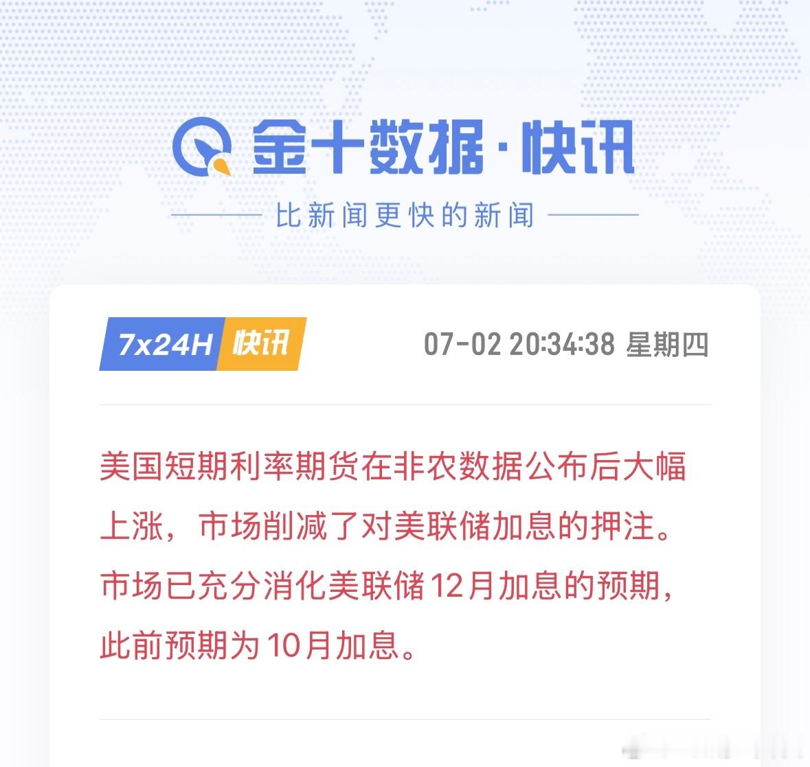 美国6月非农就业人数 非农数据 美国短期利率期货在非农数据公布后大幅上涨，市场削