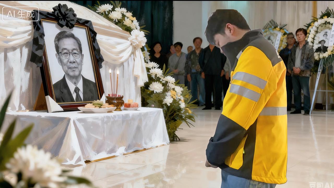 高中的数学老师离世，
一位身穿黄衣服的外卖小哥，满脸泪水，磕了三个头后默默离开，