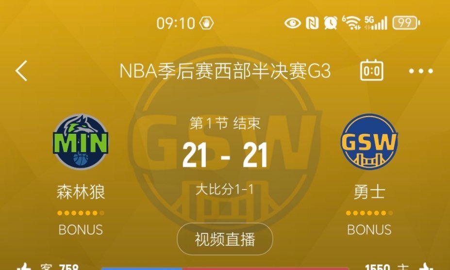第一节比赛结束，双方打平！勇士vs森林狼 ​​​