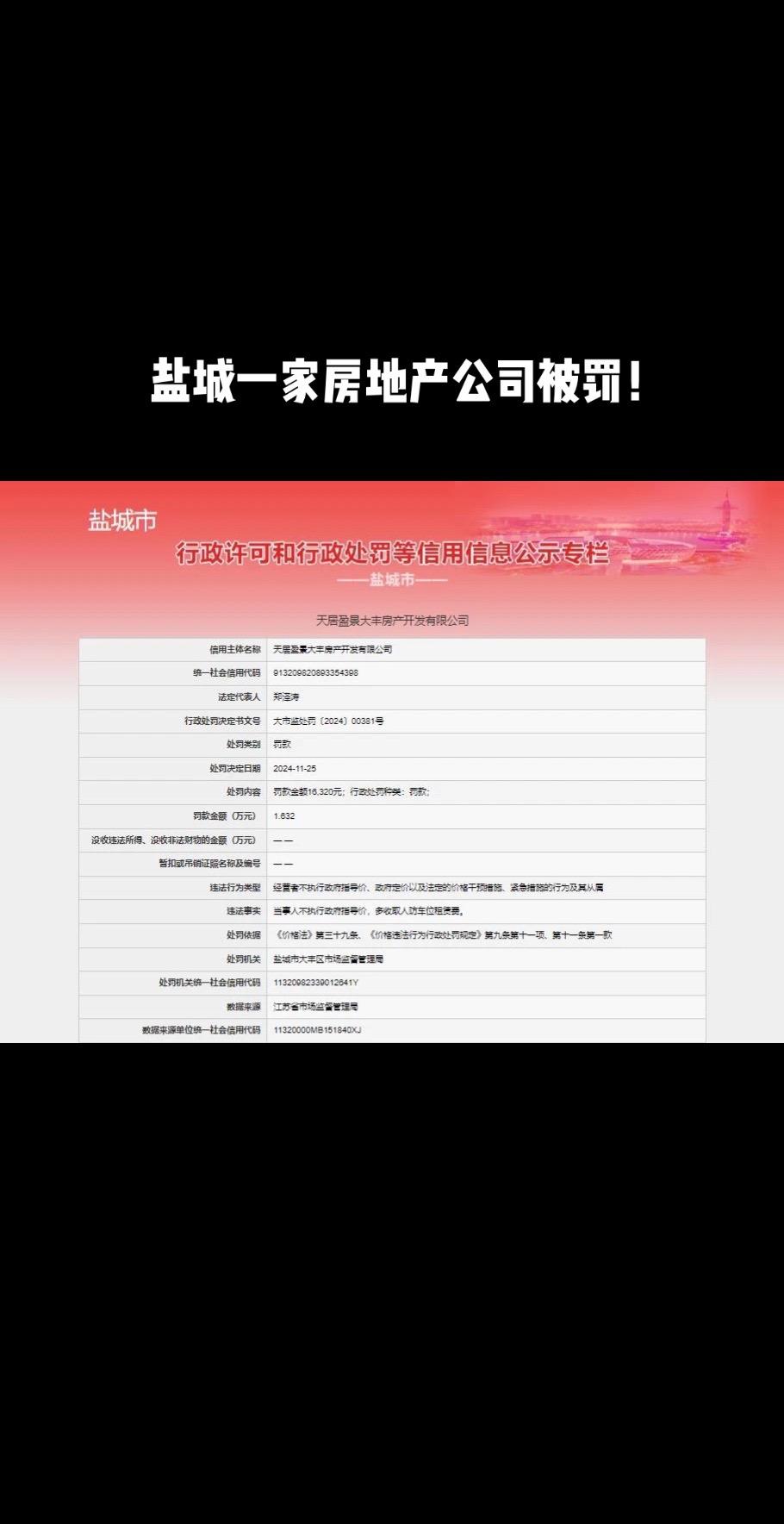 “信用盐城”官网发布了，盐城一家房地产公司，被罚款1.632万元！