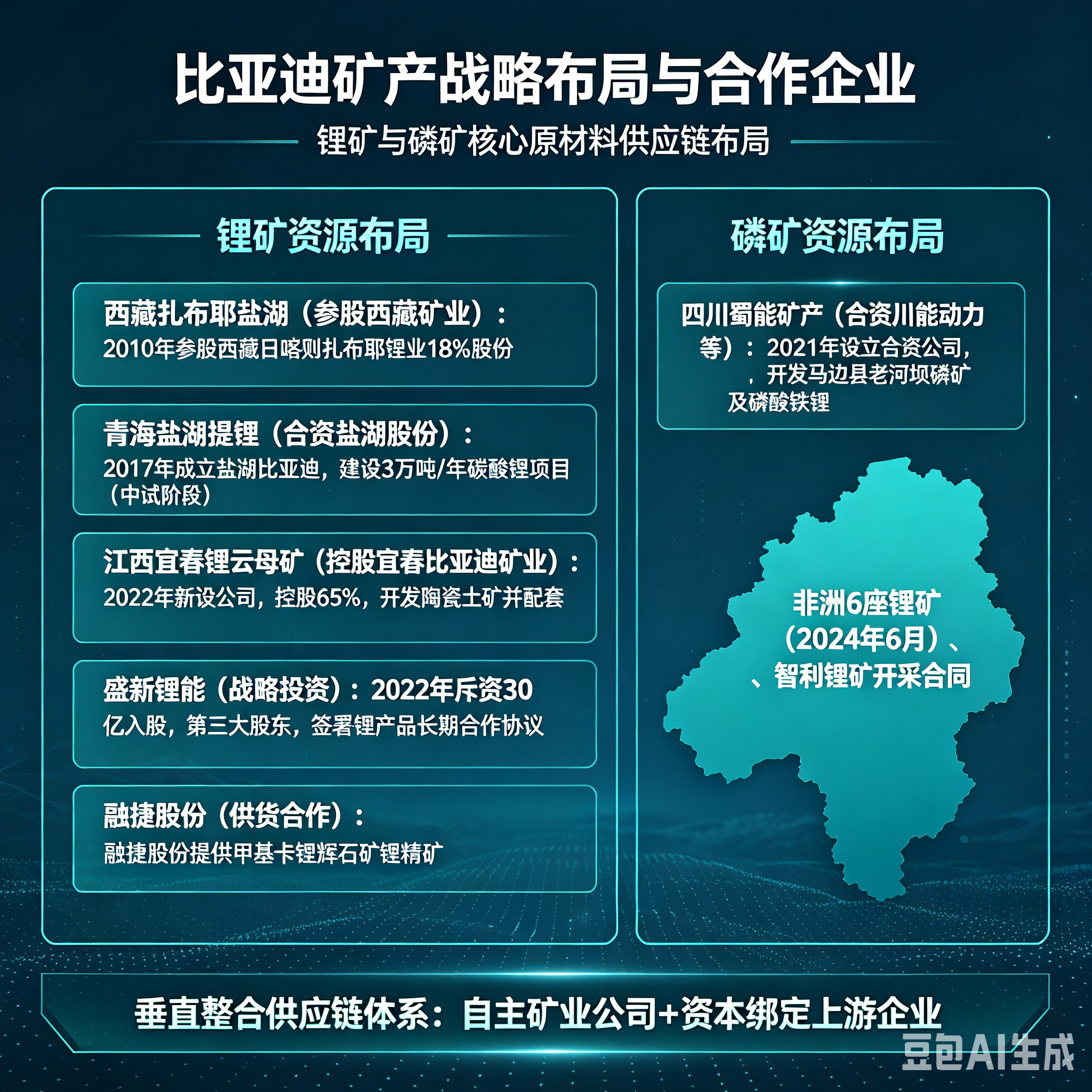 比亚迪在锂矿产方向投资布局：1. 锂矿资源布局与合作企业*   西藏扎布耶盐湖（