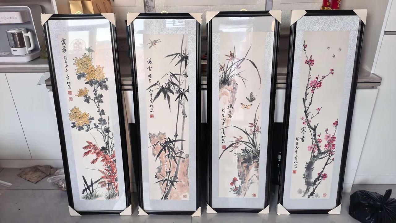 梅兰竹菊四条屏。手绘花鸟梅兰竹菊 创作者中心 创作灵感 梅兰竹菊四条屏作品