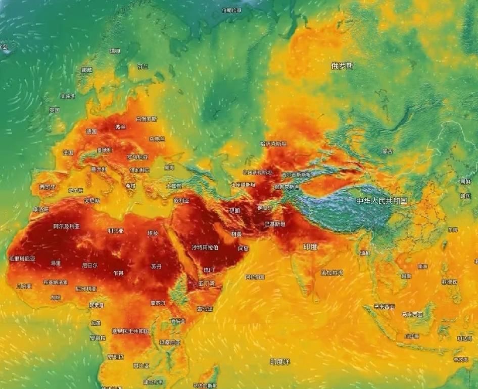 中国真是天选之地

欧亚非三大洲高温分布图，其他地区快要烤焦了，唯独中国这块儿，
