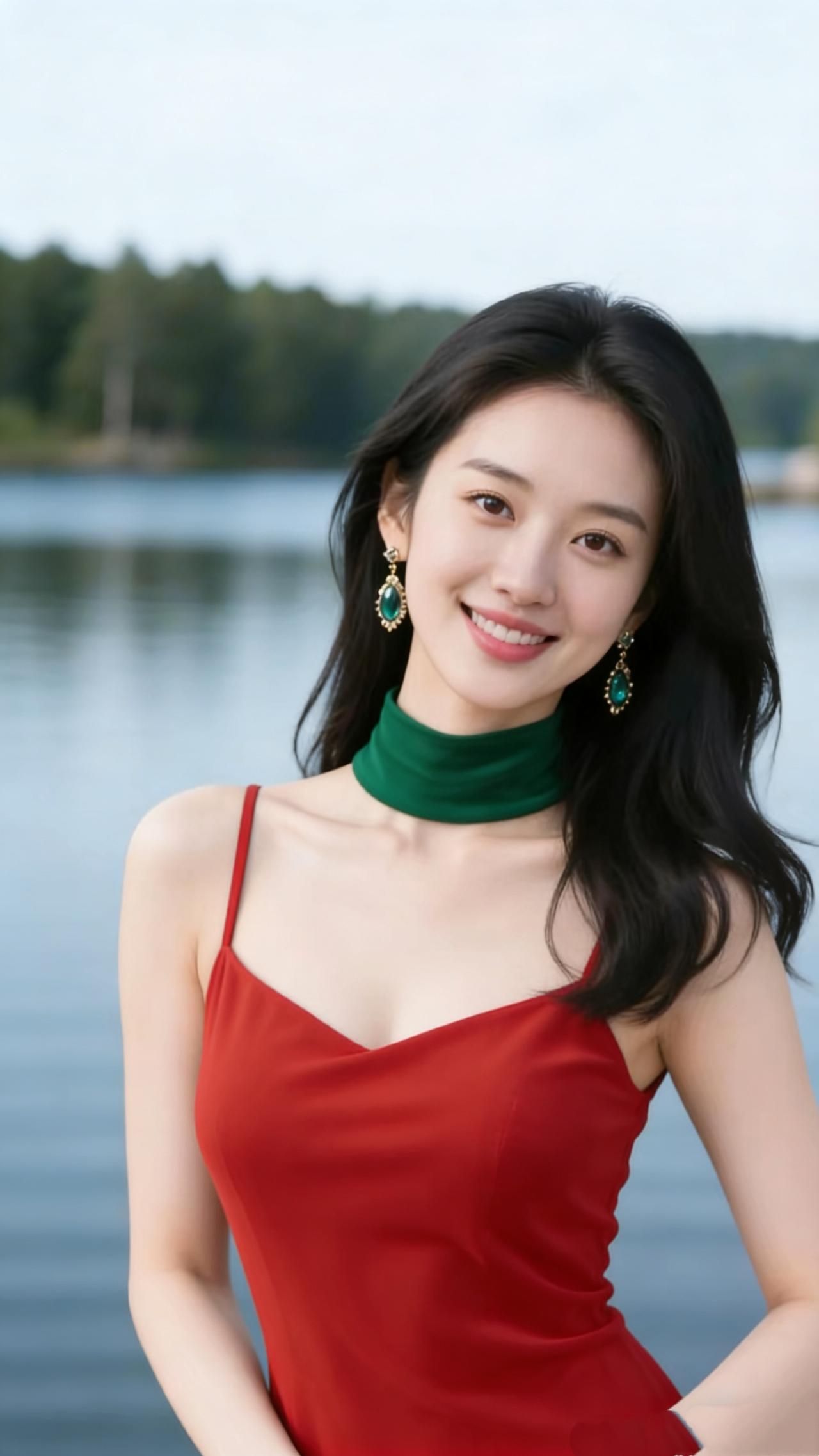 《湖风裹红裙》
 
湖畔的风携着水汽漫来，掠过水面时，轻轻拂动她的发梢。
 
那