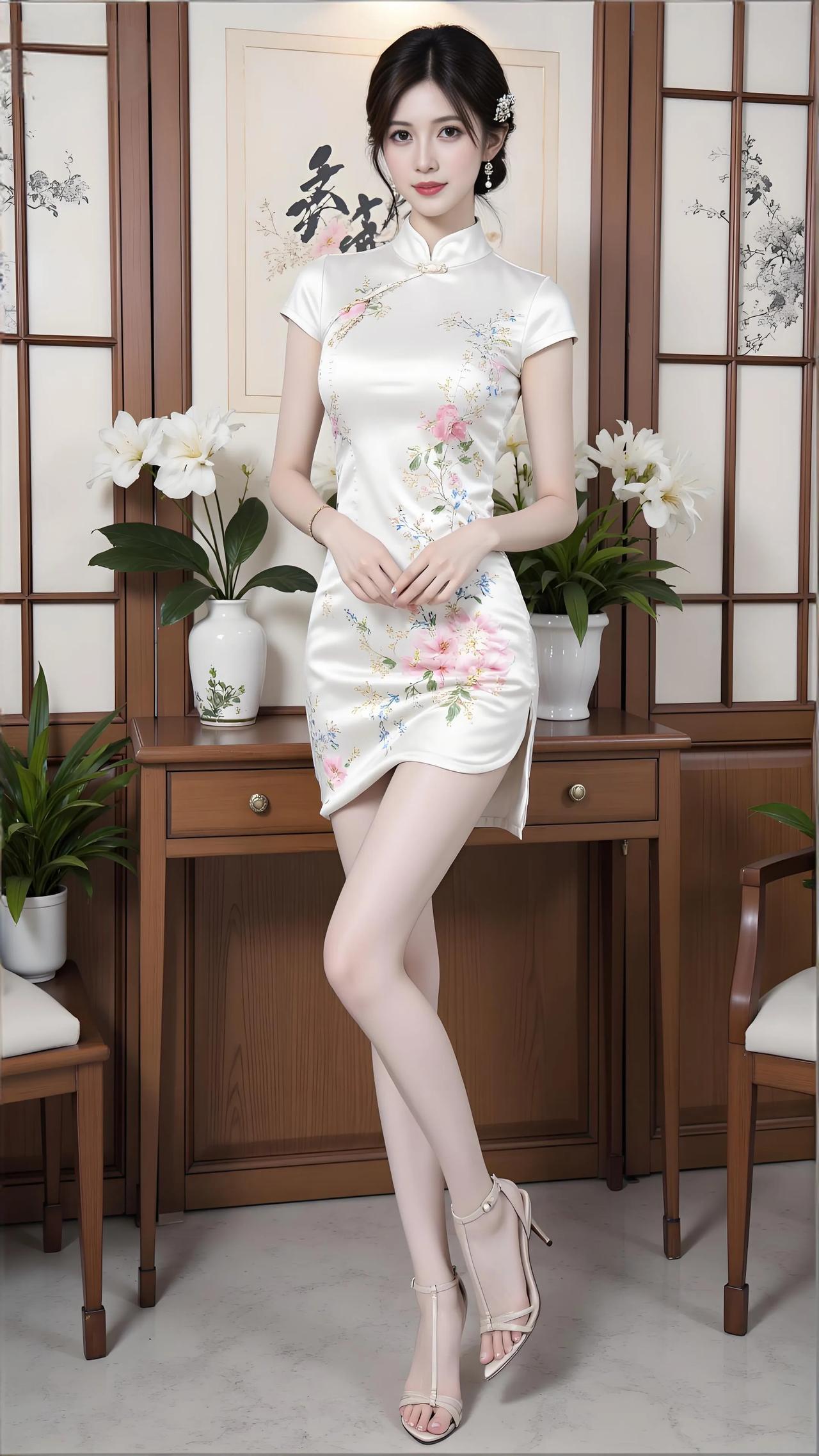 月白旗袍染墨痕，屏风半掩倚黄昏。
罗裙轻曳檀香袅，立尽东风不语人。

墨韵流丹染