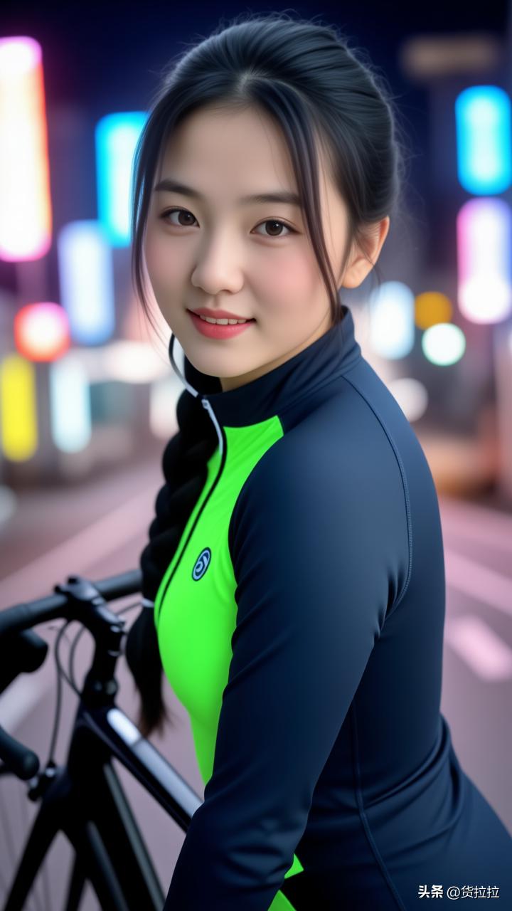 这位姑娘在夜晚骑车，背景灯光很美。
