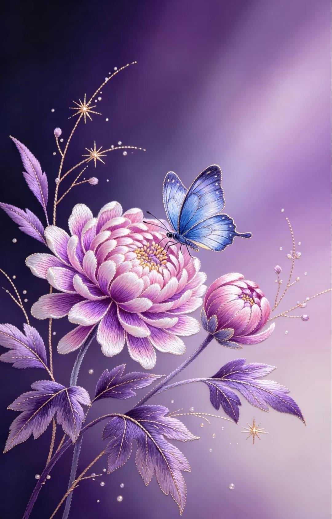 针尖上的艺术
紫色菊花开得正艳，蓝蝴蝶轻吻花瓣，星光点缀梦幻角落，把浪漫藏进这一